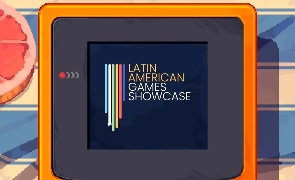 "LAGS gamescom latam 2026 showcase" dentro de tela de portátil desenhado.