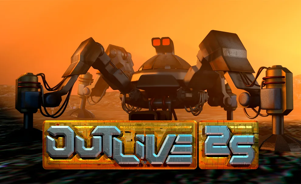 Grande robô em meio ao que parece um planeta rochoso e a logo de Outlive 25 à frente.