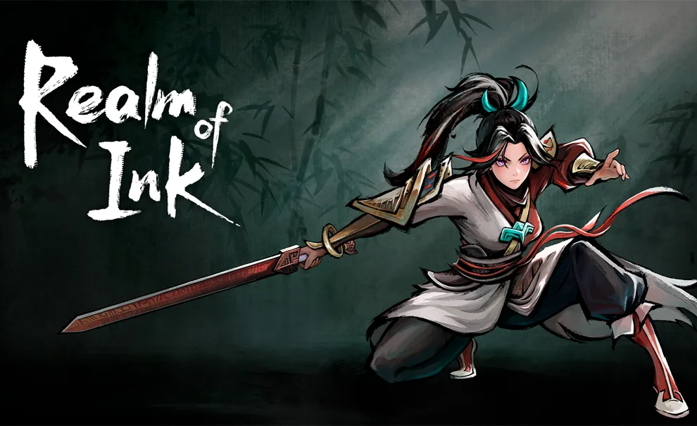 Personagem Red de Realm of Ink em Posição agachada e pronta para o combate junto da logo do jogo e um fundo de um bambuzal escuro.