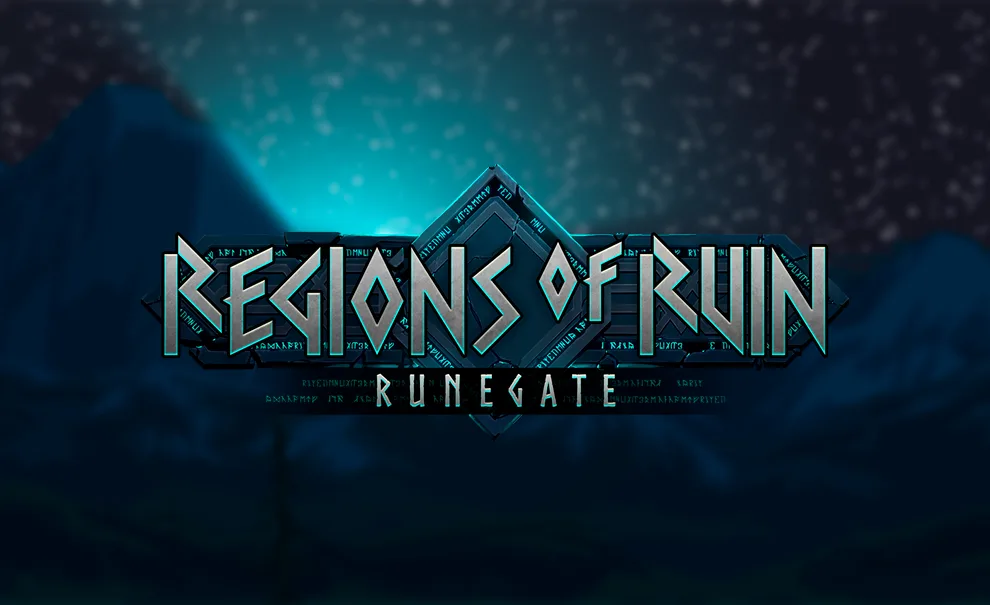 Ao fundo cenário noturno de Regions of Ruin Runegate borrado e a frente, logo do jogo.