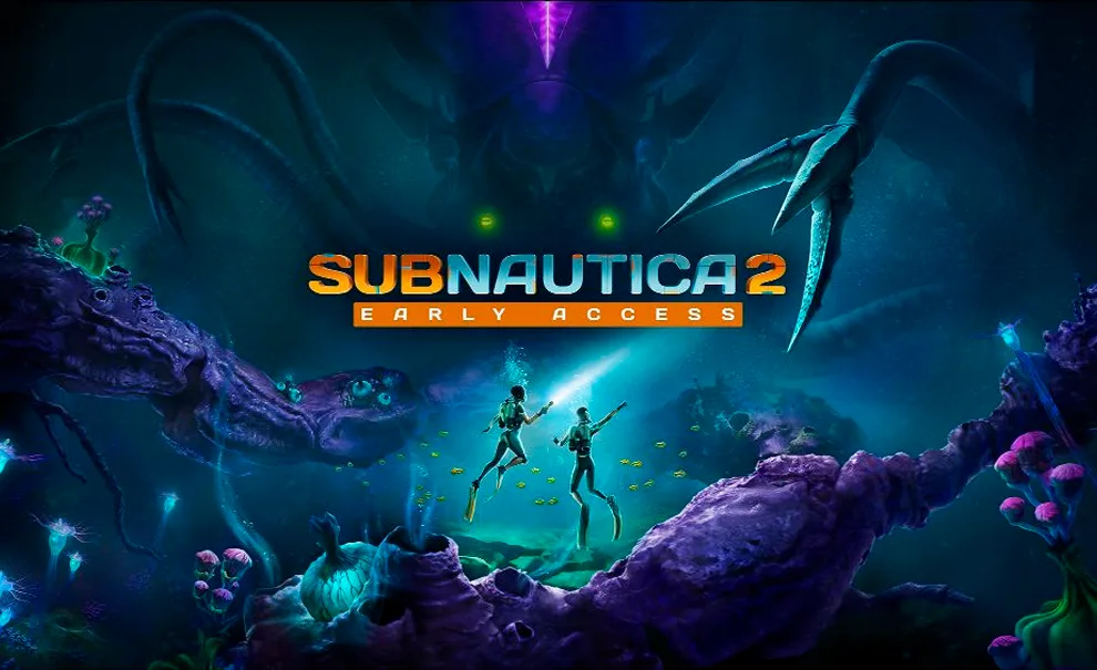 Capa de Subnautica 2 com 2 mergulhadores em meio a corais alienígenas e uma criatura desconhecida e imensa.