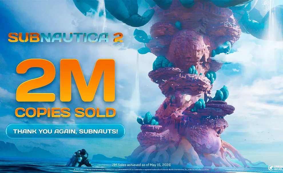 Imagem de mergulhador saindo da água e observando uma ilha em forma alienígena com as a frase "Subnautica 2 2M copies sold, Thank you again, subnauts!"