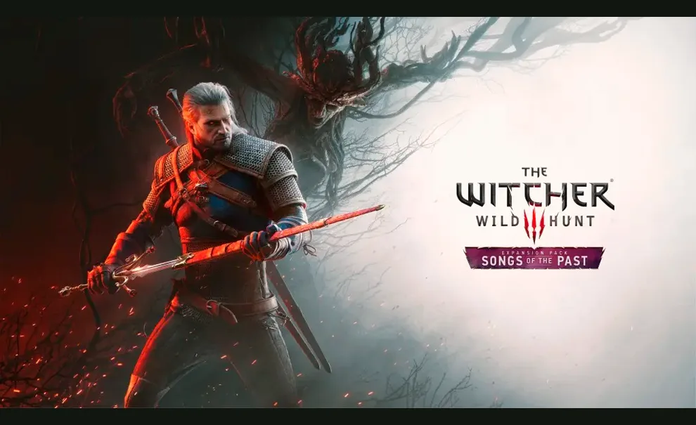 Geralt de Rívia segurando espada e sendo observado por criatura-árvore, ao lado o logo de The Witcher 3 Wild Hunt Songs of the Past.