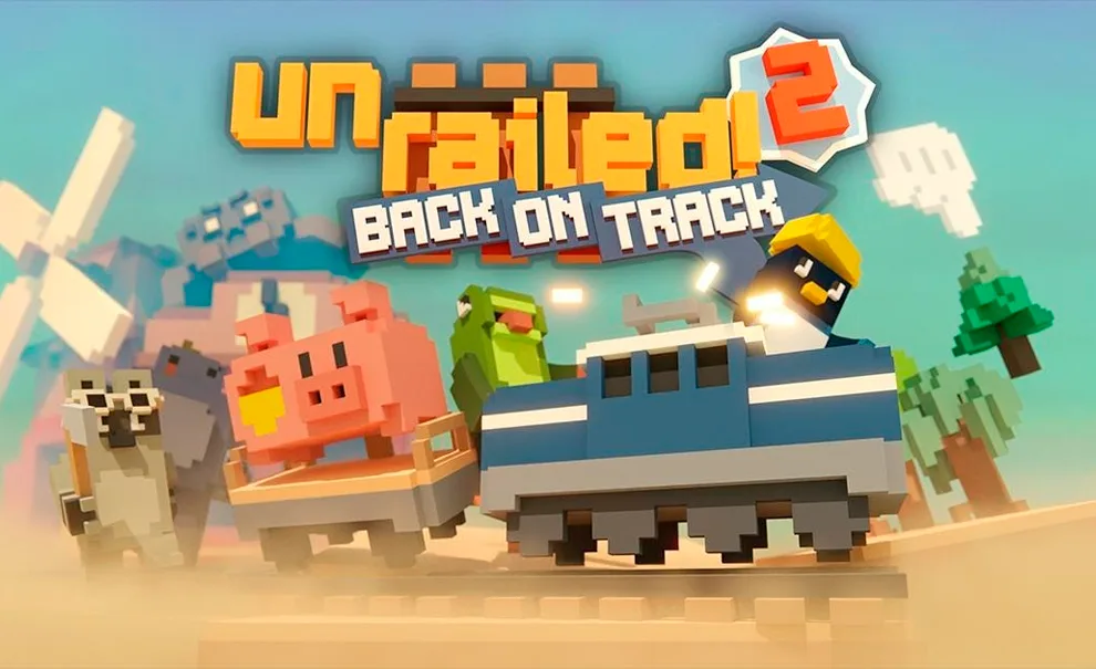 Personagens de Unrailed 2 Back on Track em cima de trem. Toda a imagem é em PixelArt 3d.