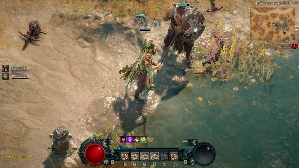Bárbaro de Diablo IV ao lado de mercenário Raheir, pescando.