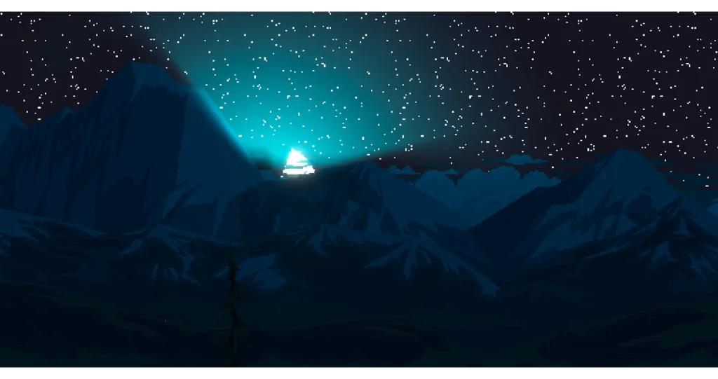 Imagem em Pixel Art com montanhas, árvores, céu noturno estrelado e lua aparecendo e iluminando o local.