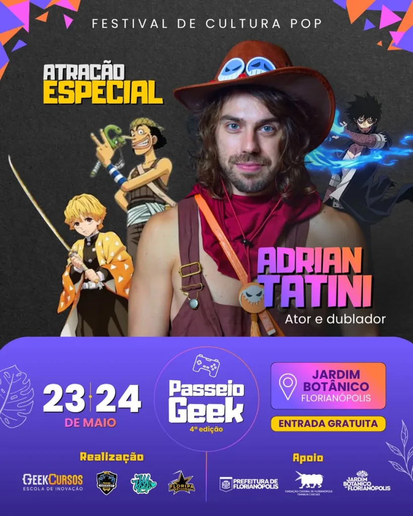 Cartaz do Passeio Geek com Adrian Tatini e seus principais personagens.