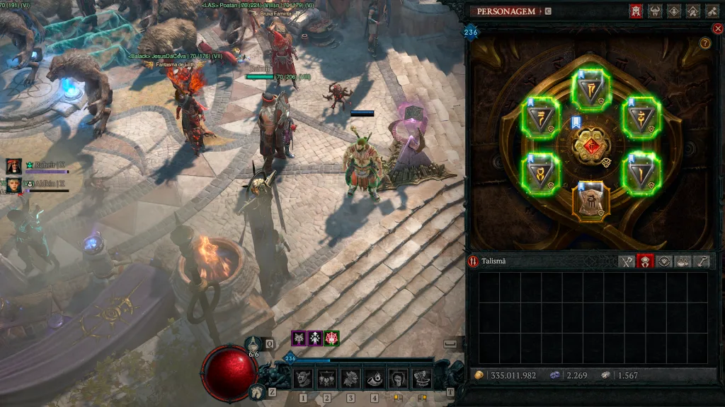 Imagem de Bárbaro de Diablo IV com a tela de Taslimã aberta.