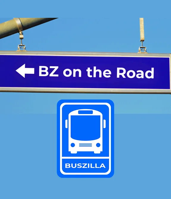 Logo do evento Buszilla, com placa de trânsito em demonstração apontando o BZ on the Road.
