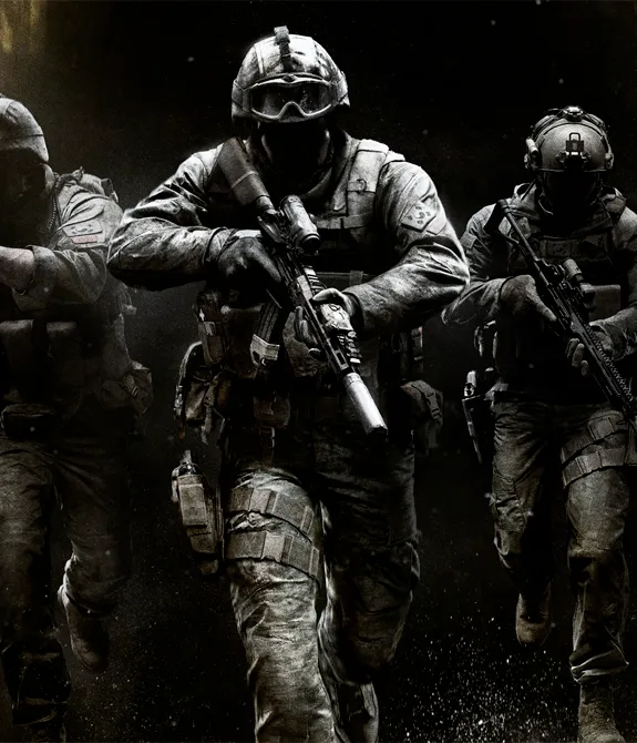 Soldados sem rosto caminhando em direção a tela empunhando armas e a logo de Call of Duty Modern Warfare 4 à direita.