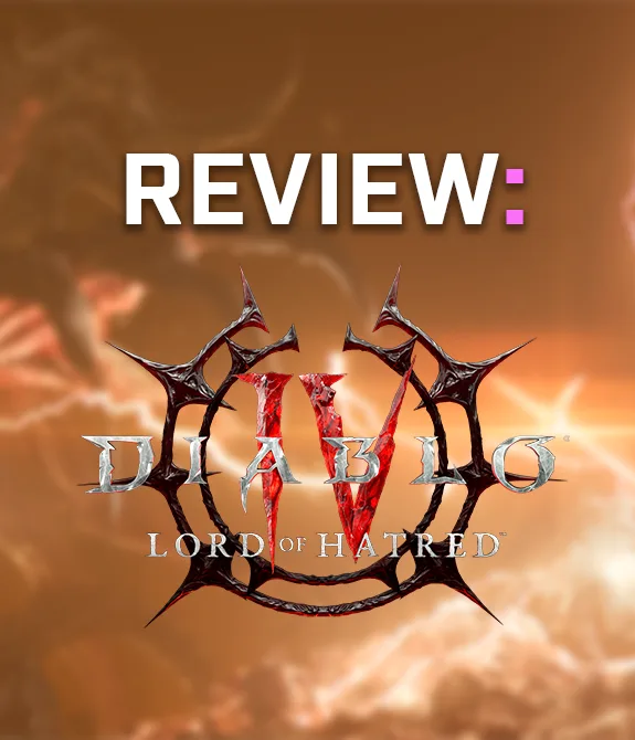 Fundo de Mephisto e Paladino lutando com logo de Diablo IV Lord of Hatred à frente a a palavra "Review" em cima.