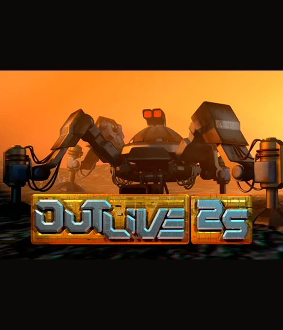 Grande robô em meio ao que parece um planeta rochoso e a logo de Outlive 25 à frente.