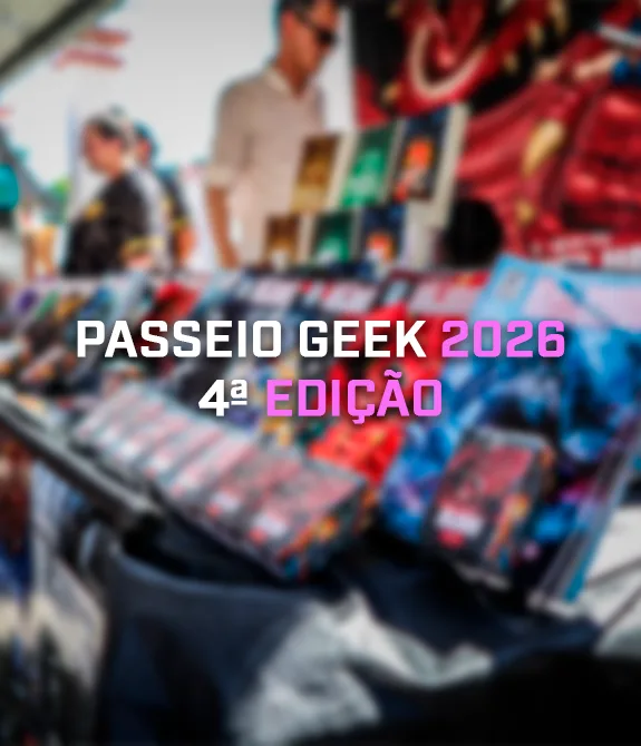 Foto ao fundo borrada do passeio Geek da Fotógrafa Maria Eduarda, com os dizeres à frente Passeio Geek 2026 4ª Edição.
