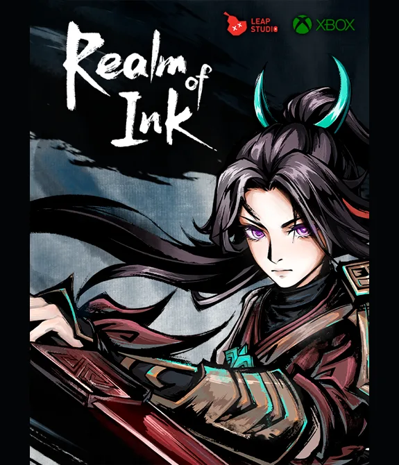 Personagem Red de Realm of Ink em Posição agachada e pronta para o combate junto da logo do jogo e um fundo de um bambuzal escuro.