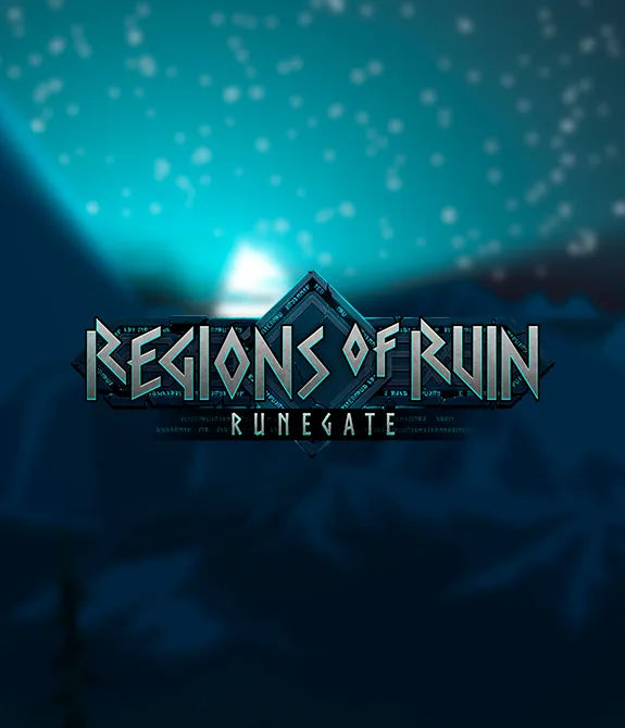 Ao fundo cenário noturno de Regions of Ruin Runegate borrado e a frente, logo do jogo.