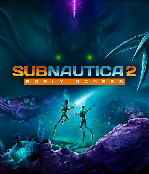 Capa de Subnautica 2 com 2 mergulhadores em meio a corais alienígenas e uma criatura desconhecida e imensa.