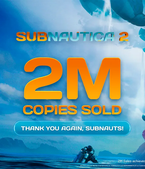 Imagem de mergulhador saindo da água e observando uma ilha em forma alienígena com as a frase "Subnautica 2 2M copies sold, Thank you again, subnauts!"