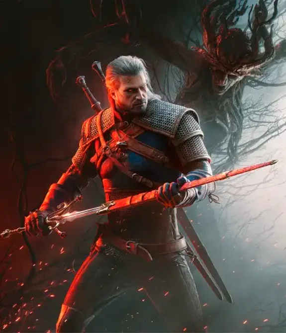 Geralt de Rívia segurando espada e sendo observado por criatura-árvore, ao lado o logo de The Witcher 3 Wild Hunt Songs of the Past.