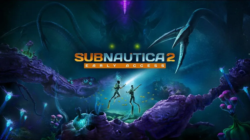 Capa de Subnautica 2 com 2 mergulhadores em meio a corais alienígenas e uma criatura desconhecida e imensa.