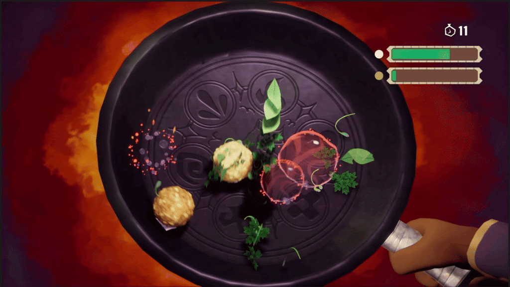 Cena de mini game de Beastro com panela no fogo e ingredientes em movimento.