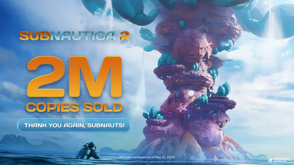 Imagem de mergulhador saindo da água e observando uma ilha em forma alienígena com as a frase "Subnautica 2 2M copies sold, Thank you again, subnauts!"