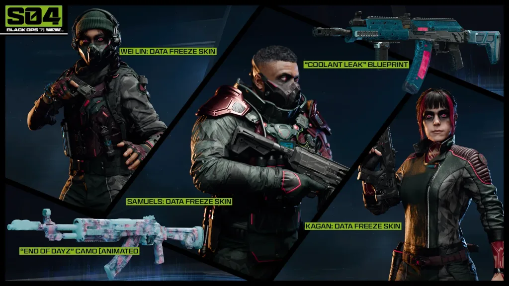 Imagens de 3 skins de operadores e 2 de armas.