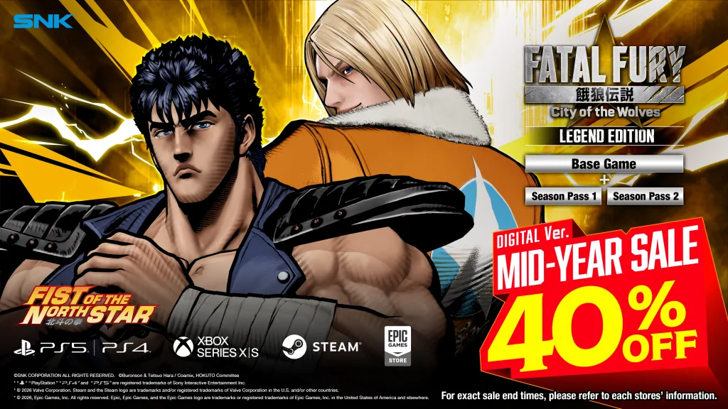 Imagem com Terry e Kenshiro de Fatal Fury: City of the Wolves com logos das plataformas e a chamada de 40% de desconto.