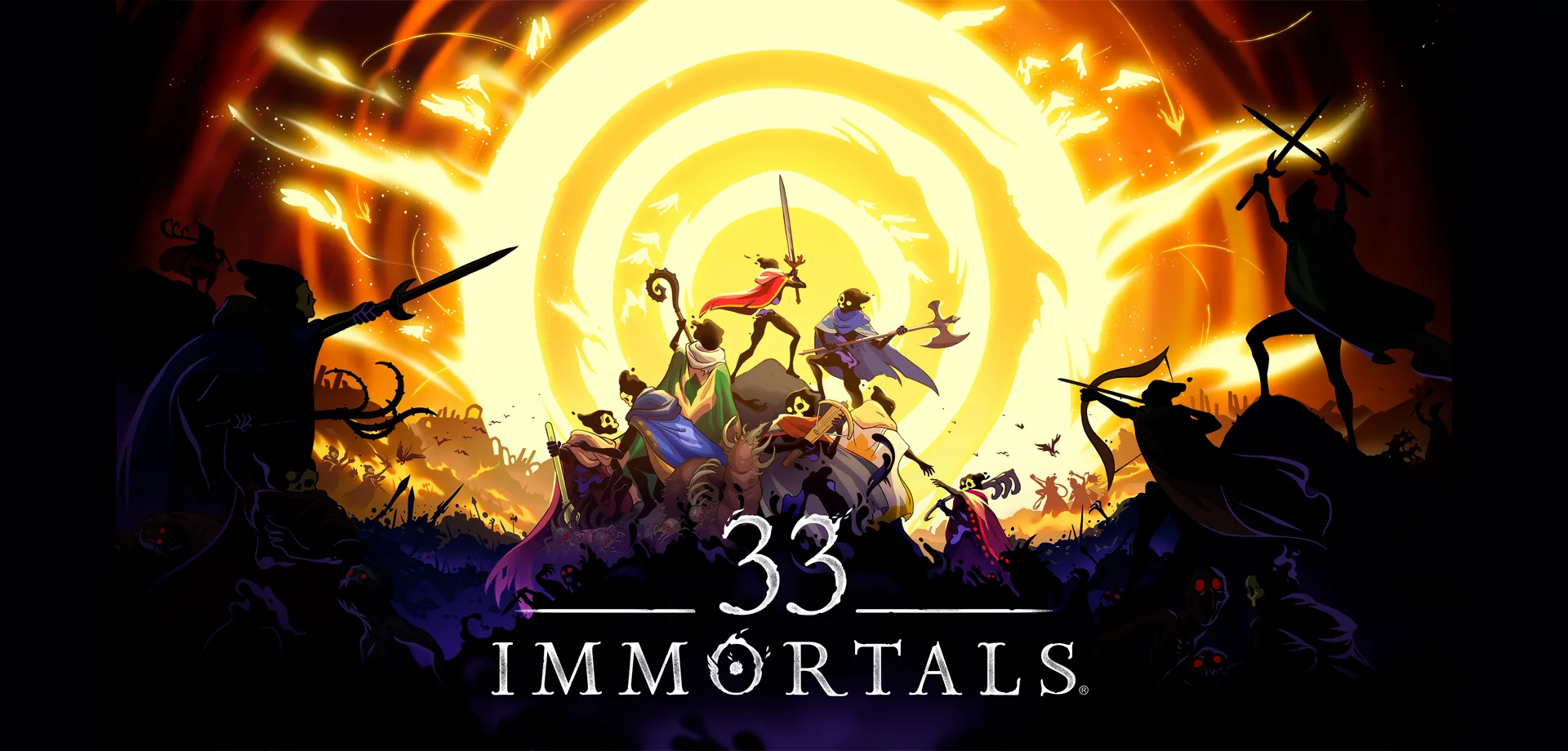 Capa de 33 Immortals com vários personagens em cima de um monte sendo cercados por criaturas.
