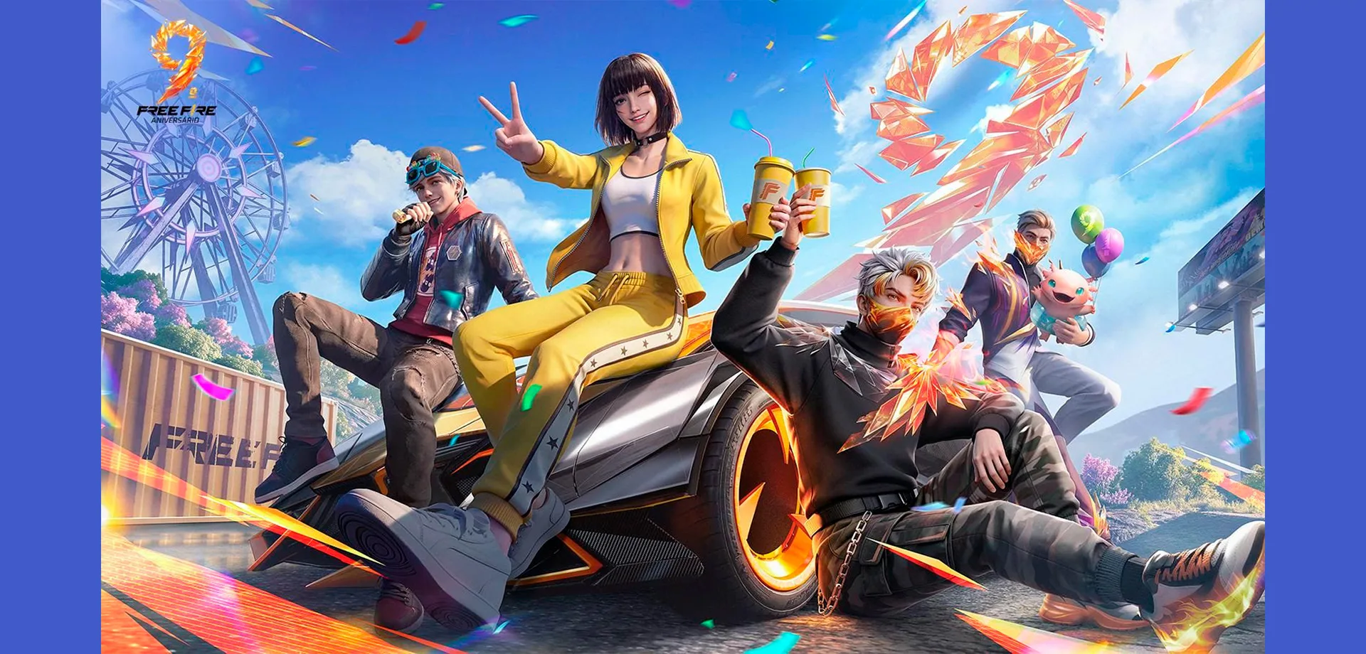 Imagem do 9º aniversário de Free Fire com personagens em um parque de diversões e o número 9 no céu.