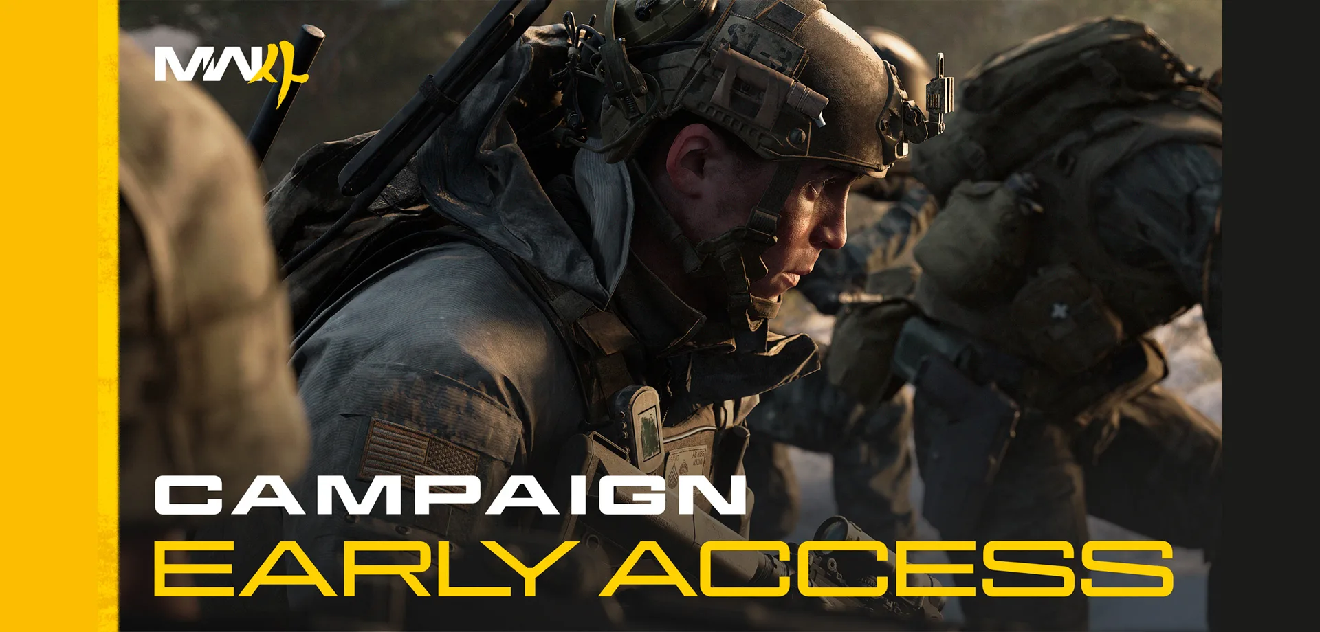 Soldados dos estados unidos em conjunto com a logo de Call of Duty Modern Warfare 4 e as escritas de "Campaign Early Access".