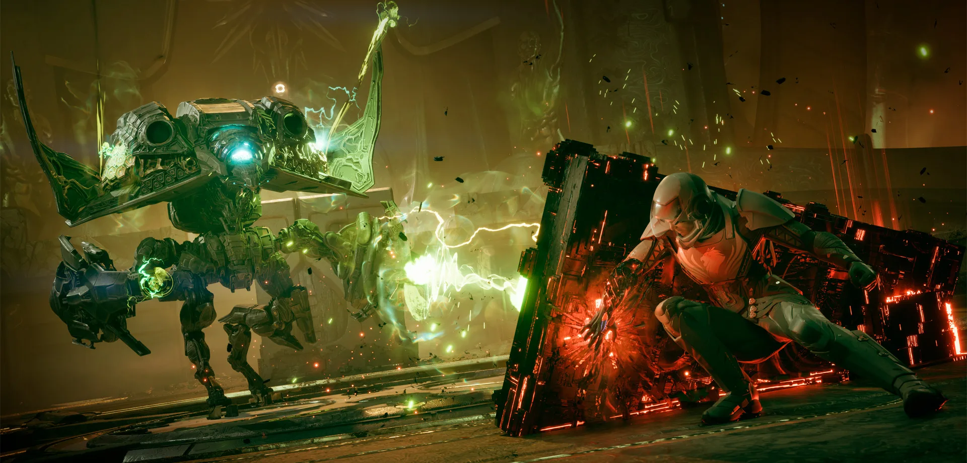 Imagem de Exodus com o personagem Jus Aslan atrás de uma proteção lutando contra um robô.