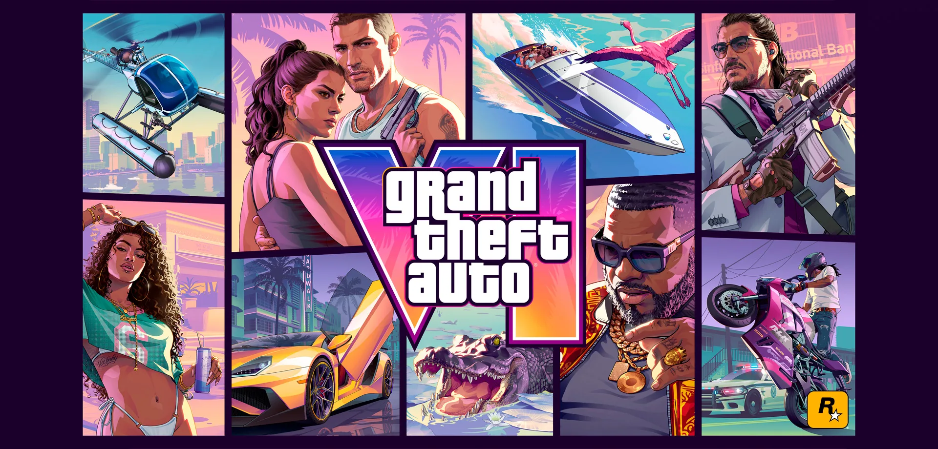 Capa Oficial de GTA 6 com vários quadros mostrando pessoa e situações do jogo.