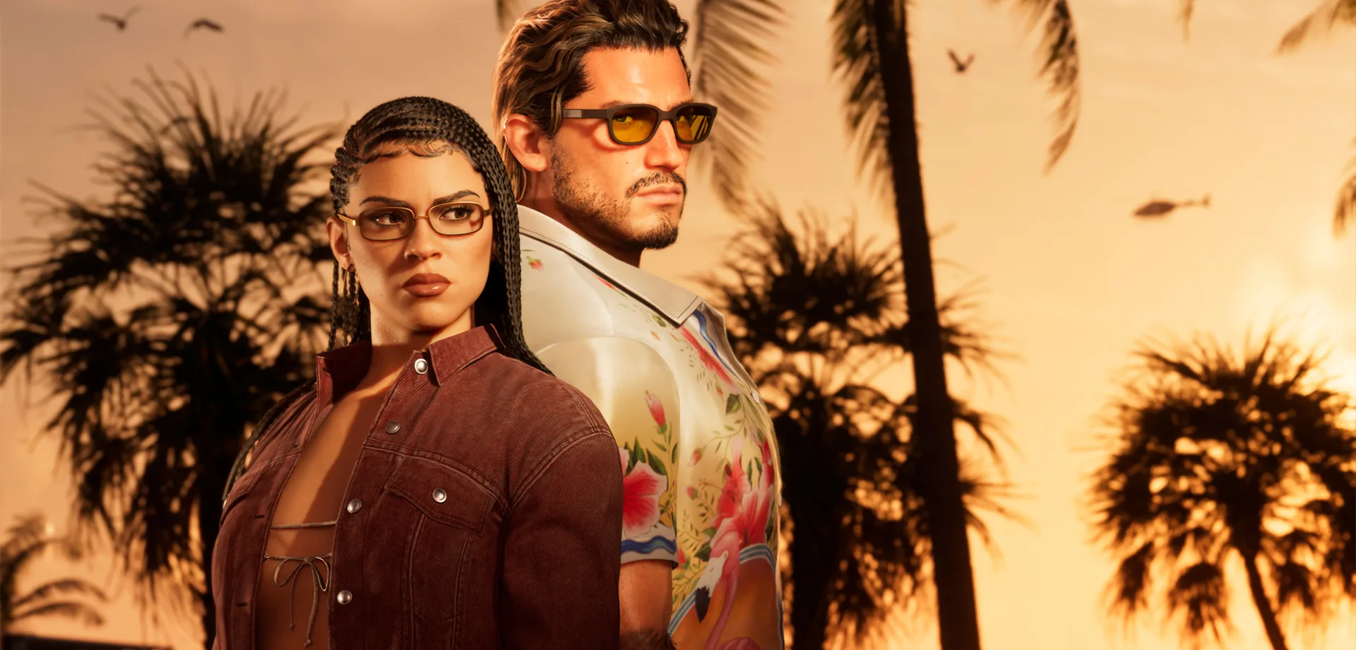 GTA 6 com preço oficial e imagens novas, incluindo essa com Jason e Lucia na Golder Hour de Vice City com palmeiras ao fundo.