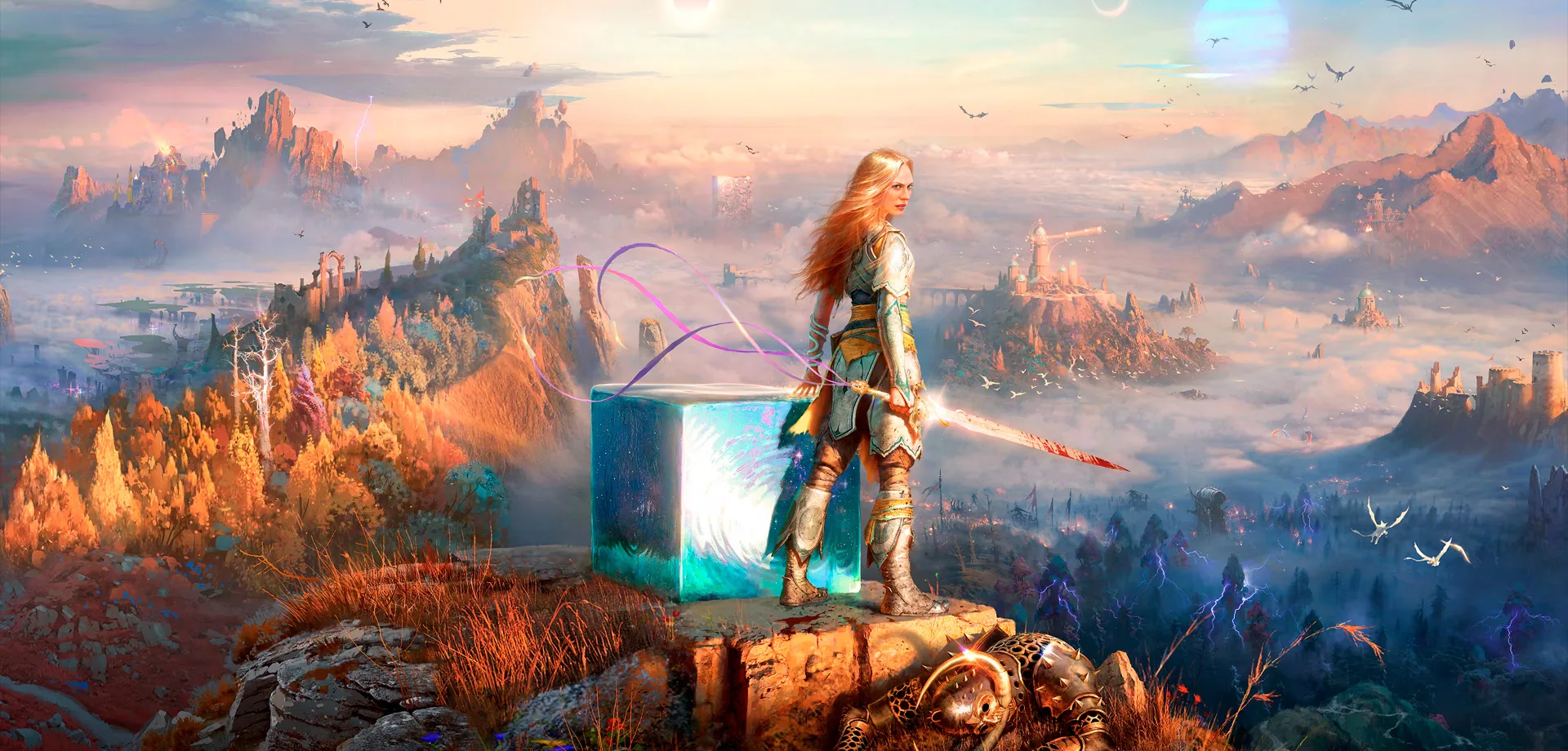 Capa de God of War Laufey com Faye, Phrank e Rue em cima de monte observando o Everywhen.
