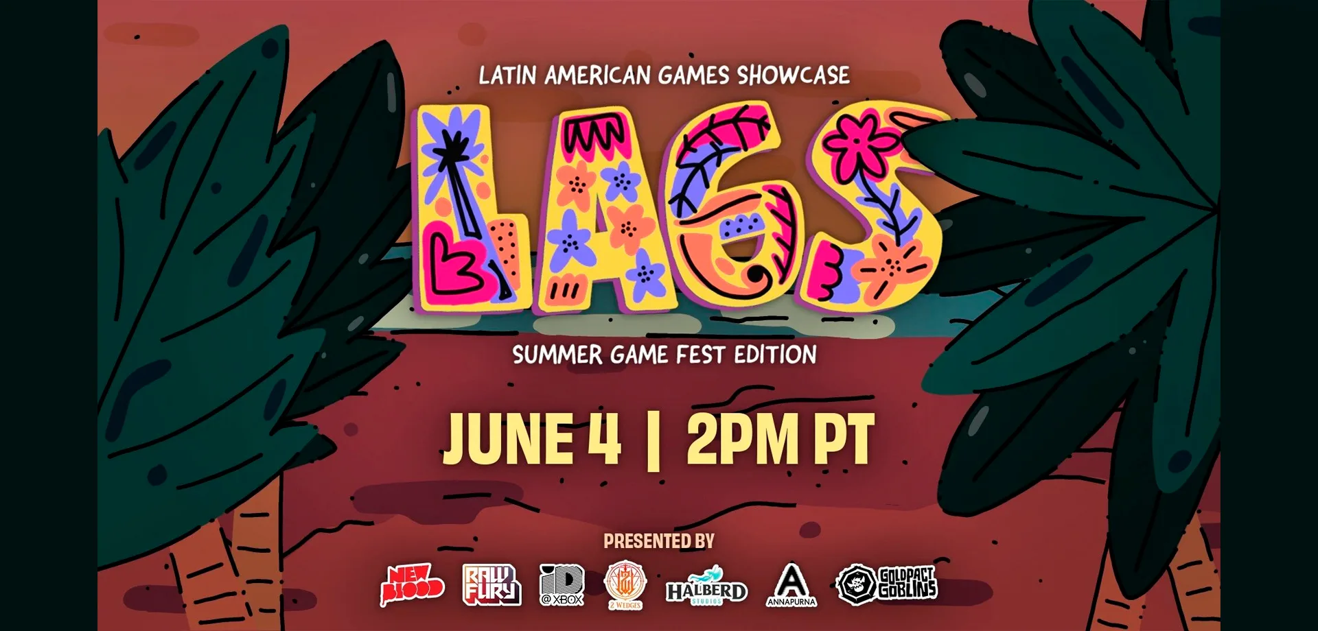 Imagem do LAGS Summer Game Fest 2026, apenas escritos e duas folhas do que parecem palmeiras nas laterais.