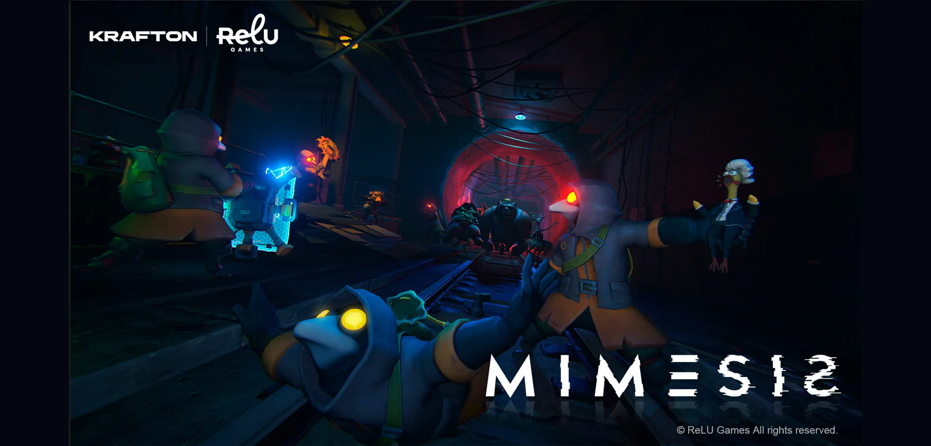 Personagens de MIMESIS em túnel olhando muitos monstros se aproximando.