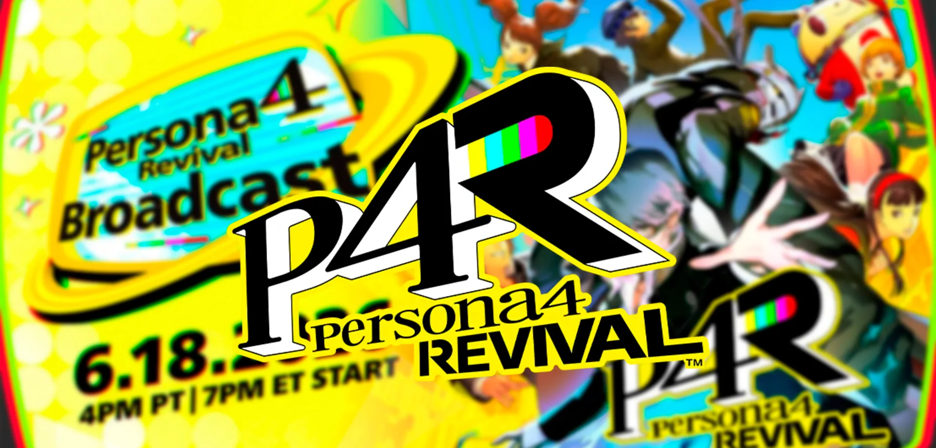 Imagem borrada de personagens do jogo e data do broadcast com novidades e logo do Persona 4 Revival à frente.