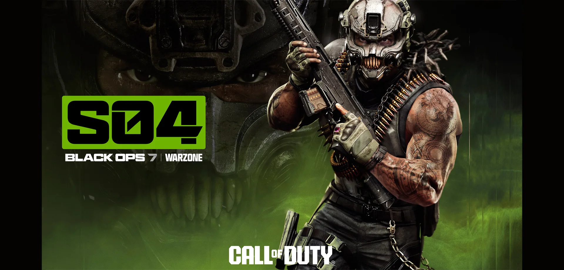 Personagem da Temporada 4 Call of Duty correndo em direção a tela com arma em punho. Fundo preto e verde.