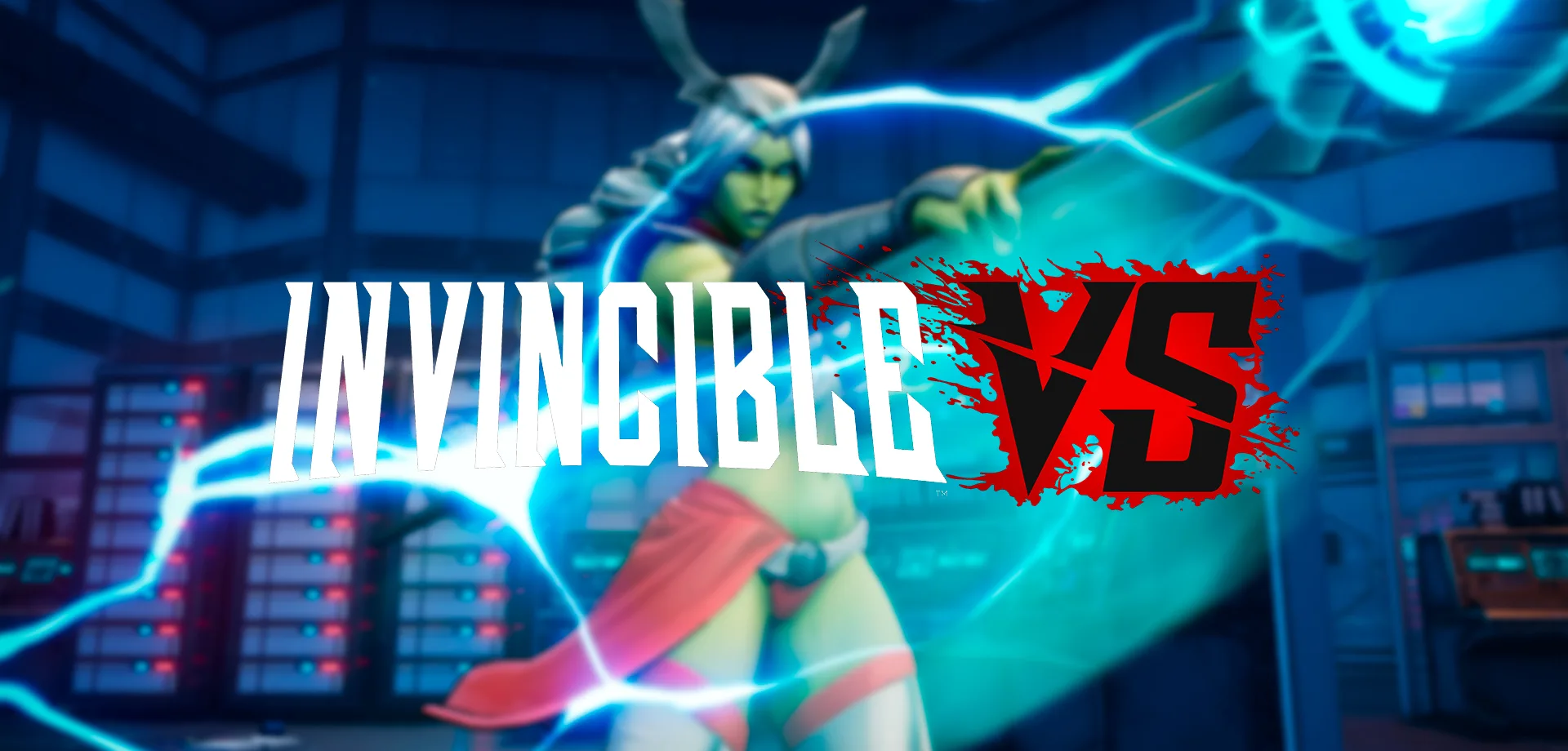 Ao fundo imagem desfocada de Universa e à frente logo de Invincible VS.