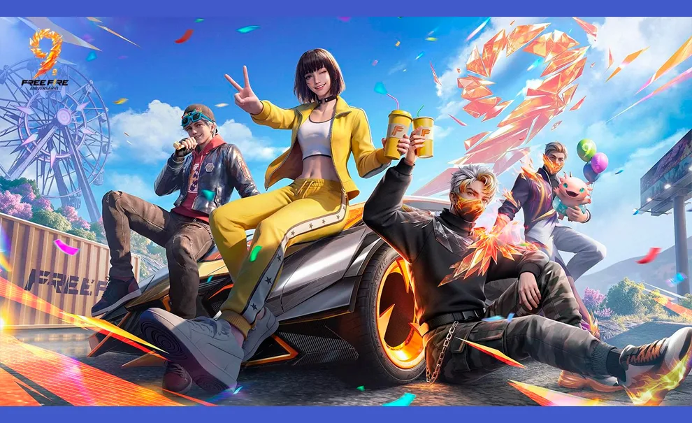 Imagem do 9º aniversário de Free Fire com personagens em um parque de diversões e o número 9 no céu.