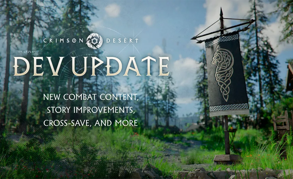 Bandeira dos Greymanes fincada no chão em meio ao acampamento na floresta e a logo de Crimson Desert com as palavras DEV Update.
