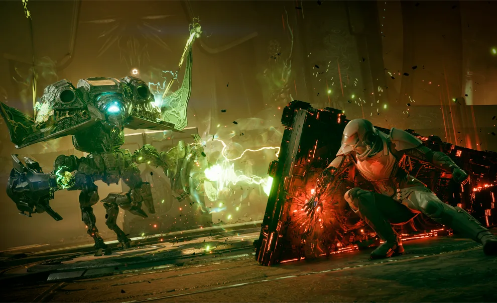 Imagem de Exodus com o personagem Jus Aslan atrás de uma proteção lutando contra um robô.