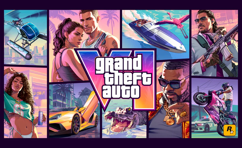 Capa Oficial de GTA 6 com vários quadros mostrando pessoa e situações do jogo.