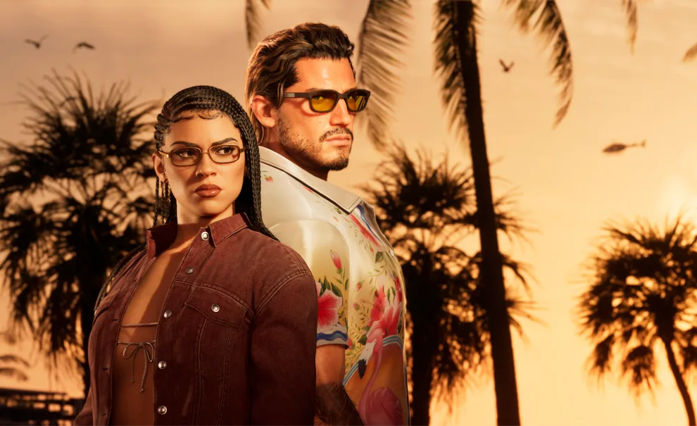 GTA 6 com preço oficial e imagens novas, incluindo essa com Jason e Lucia na Golder Hour de Vice City com palmeiras ao fundo.