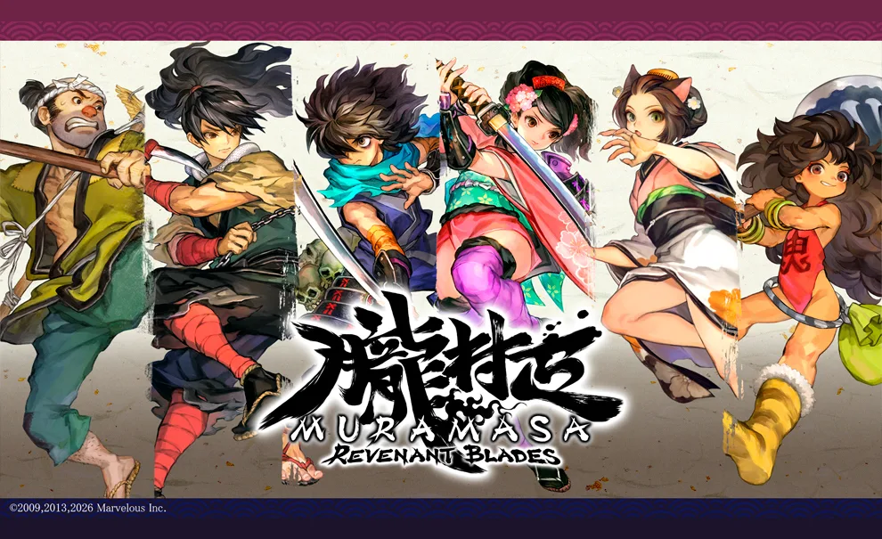 Capa com 6 personagens e a logo de Muramasa: Revenant Blades.