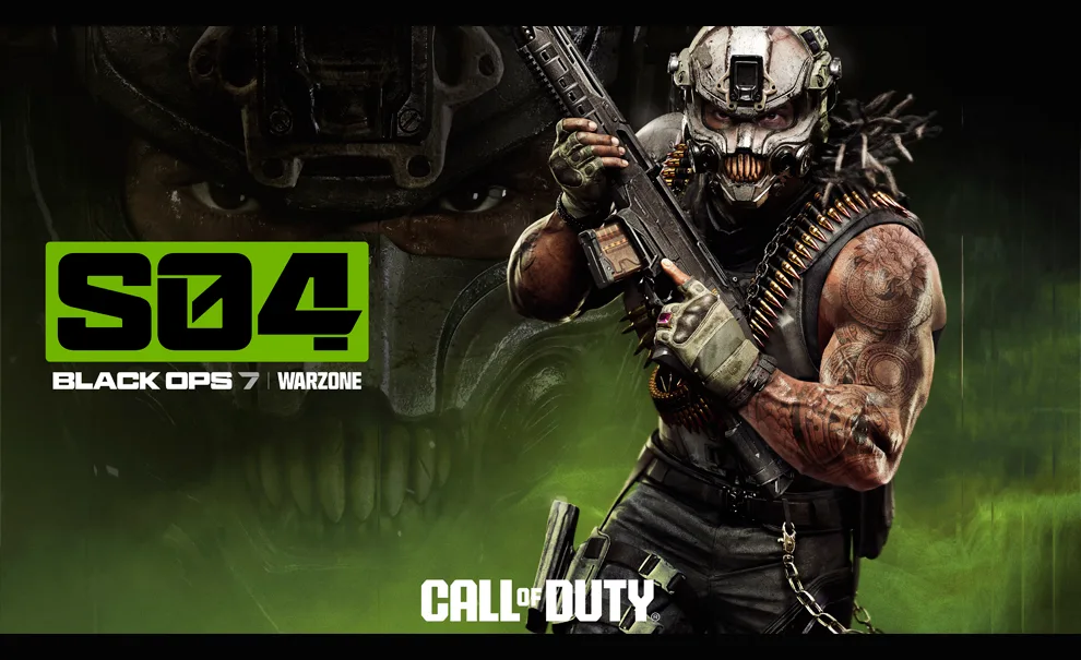 Personagem da Temporada 4 Call of Duty correndo em direção a tela com arma em punho. Fundo preto e verde.