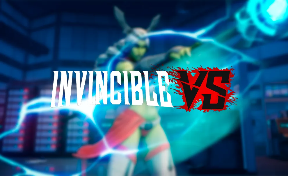Ao fundo imagem desfocada de Universa e à frente logo de Invincible VS.