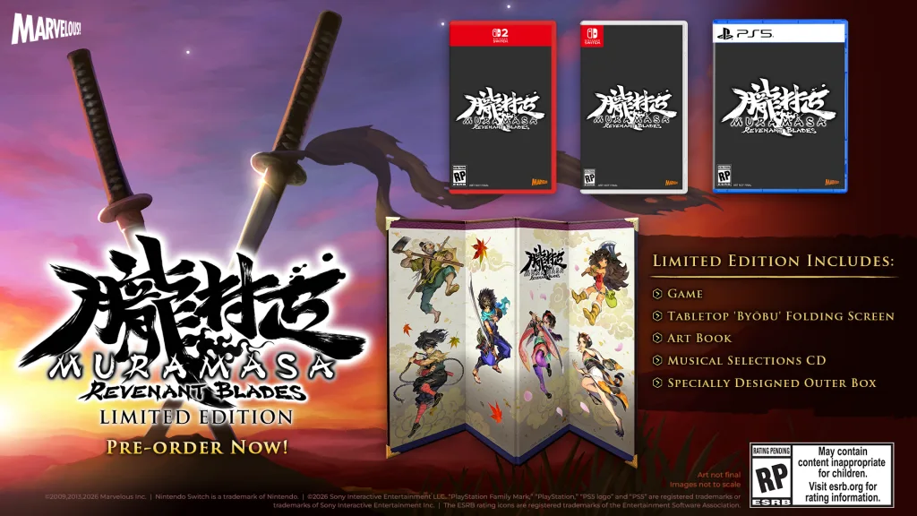 Imagem da Edição limitada de Muramasa: Revenant Blades com jogo, "byobu", Art Book, Músicas e mais.