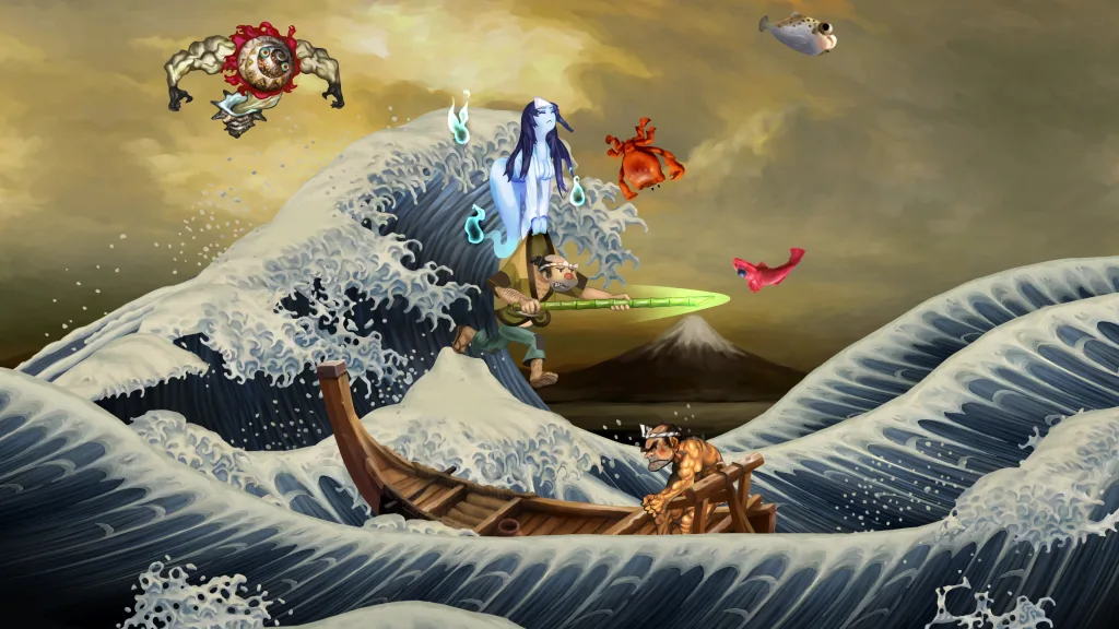 Um dos personagens do jogo sendo carregado por um espírito em cima de um barco em meio ao mar revolto.