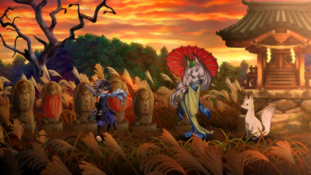 Personagem Kisuke de frente com uma mulher-raposa em um jardim.